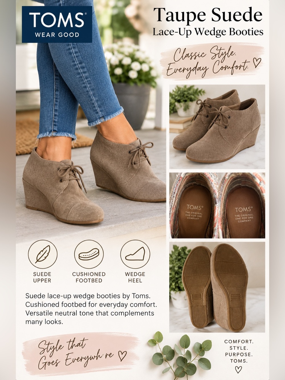 Toms Taupe Suede Lace-Up Wedge Booties
